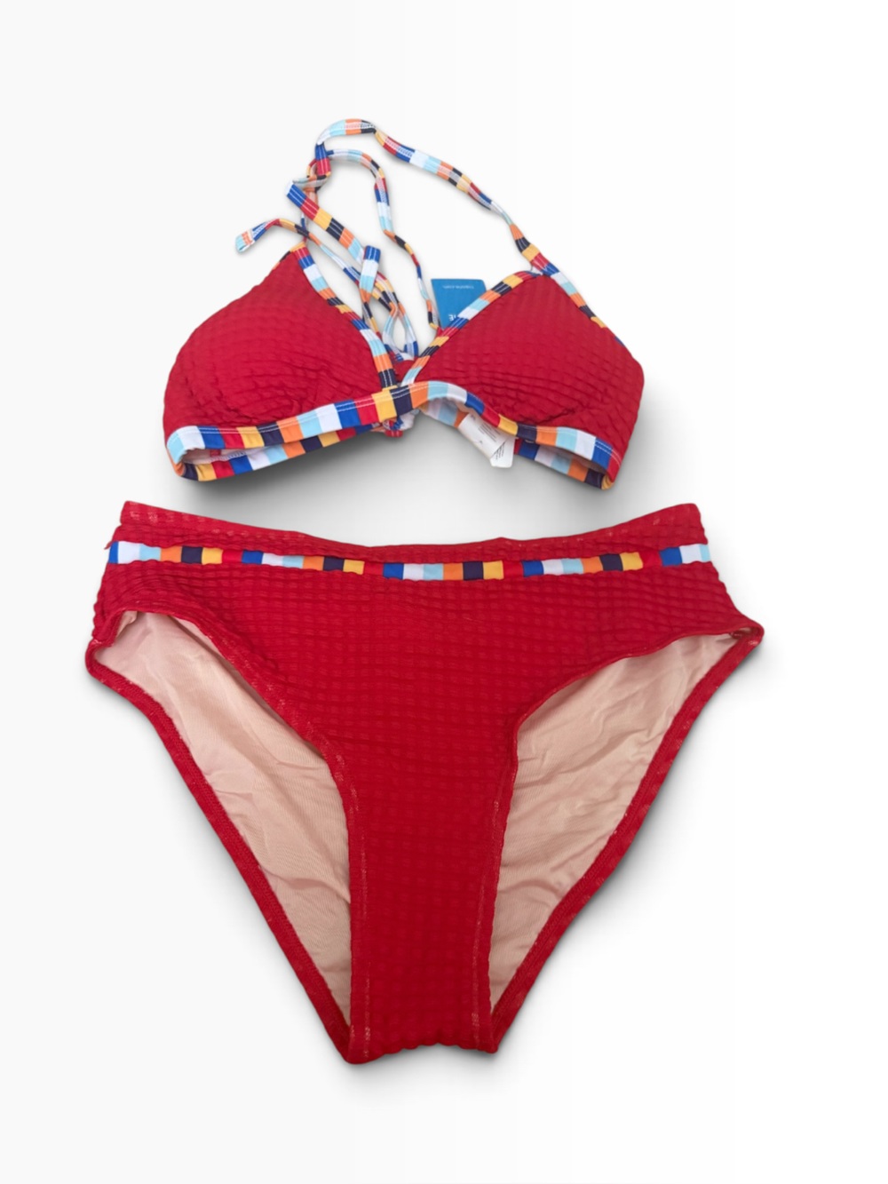 Cupshe Red Textured Cross Back Bikini Set Multicolor Trim S NWT